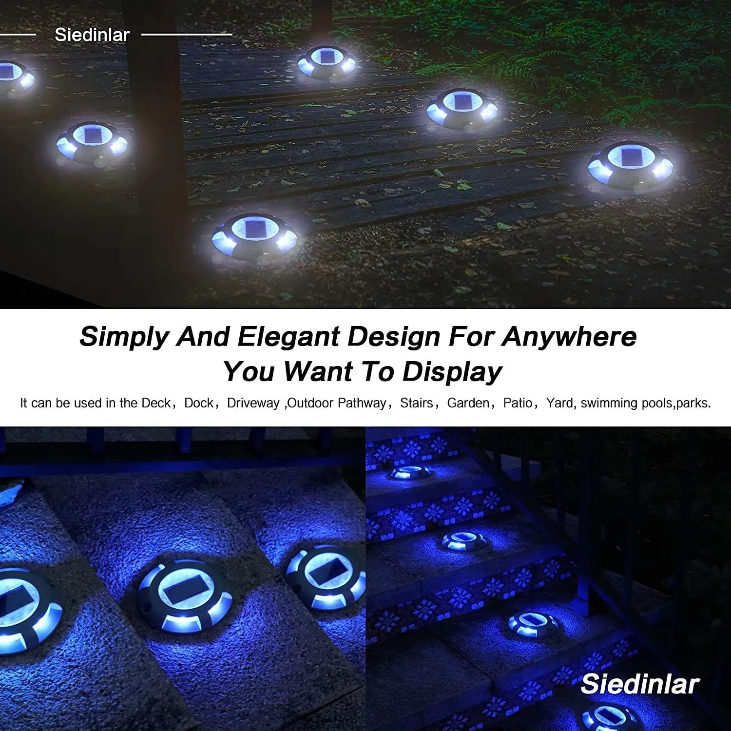 SIEDiNLAR Solar Deck Lights Driveway Dock Light LED Solar Powered Outdoor Waterproof Road Markers for Garden Step Sidewalk Stair Ground Pathway Yard 4 Pack (Blue)