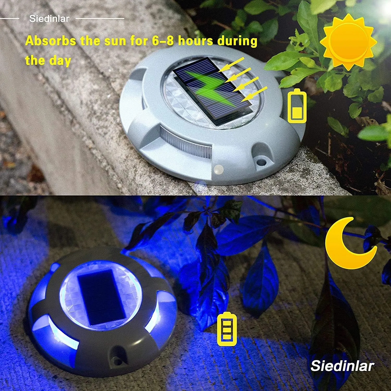 SIEDiNLAR Solar Deck Lights Driveway Dock Light LED Solar Powered Outdoor Waterproof Road Markers for Garden Step Sidewalk Stair Ground Pathway Yard 4 Pack (Blue)