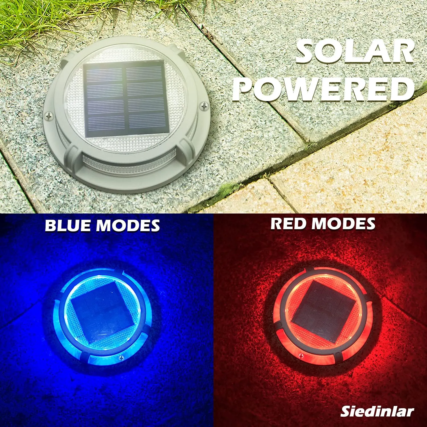 SIEDiNLAR Solar Deck Lights Outdoor 2 Modes 16 LEDs Dock Light Driveway Markers Solar Powered Waterproof for Ground Step Stair Pathway Walkway Garden Yard Road 12 Pack (Blue/Red)