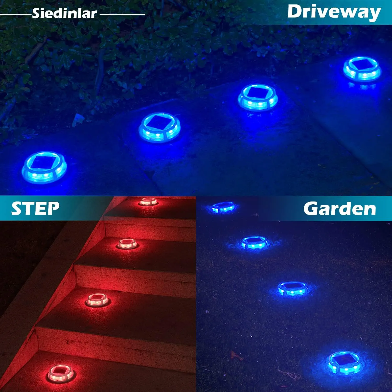 SIEDiNLAR Solar Deck Lights Outdoor 2 Modes 16 LEDs Dock Light Driveway Markers Solar Powered Waterproof for Ground Step Stair Pathway Walkway Garden Yard Road 12 Pack (Blue/Red)