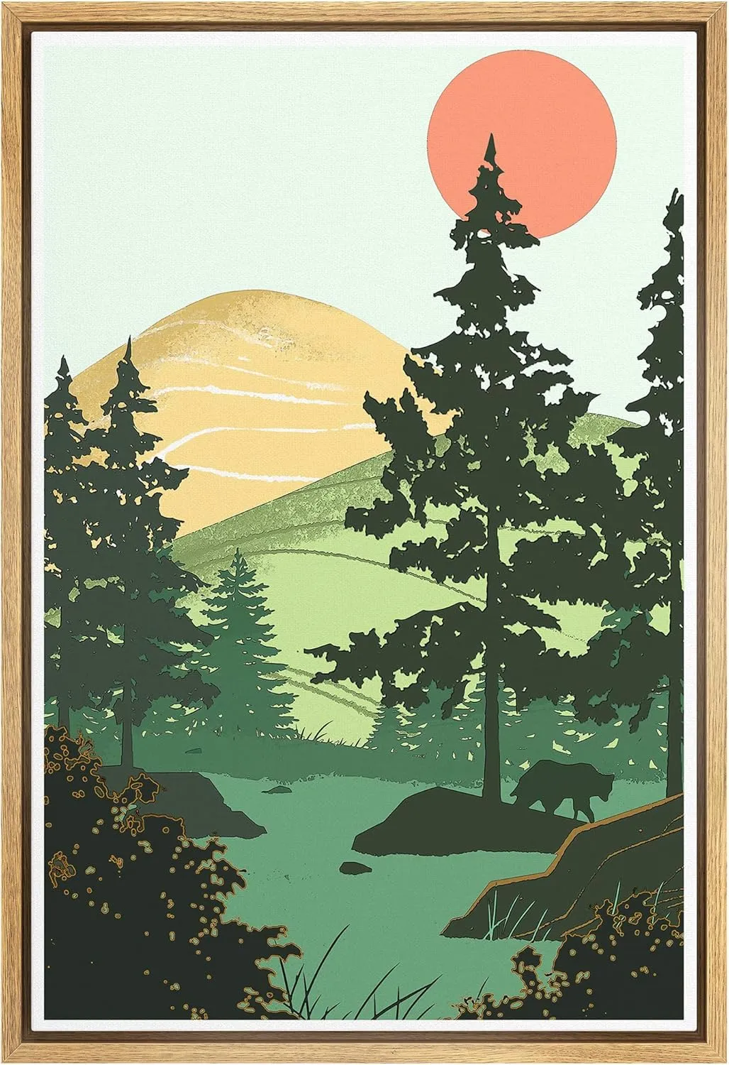 SIGNFORD Framed Canvas Wall Art Yellow Mountains, Green Trees, Red Sun and Bear Outdoor Camping Nature Wilderness Illustrations Modern Scenic Fun for Living Room, Bedroom, Office - 24x36 inches