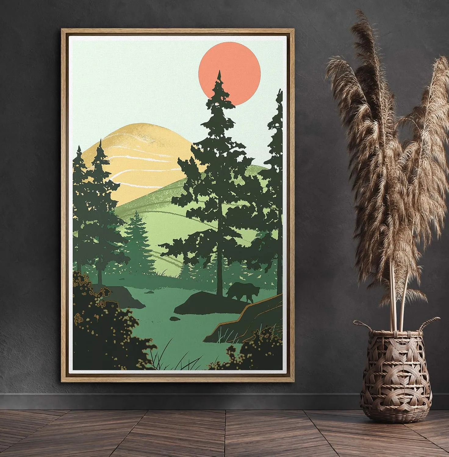 SIGNFORD Framed Canvas Wall Art Yellow Mountains, Green Trees, Red Sun and Bear Outdoor Camping Nature Wilderness Illustrations Modern Scenic Fun for Living Room, Bedroom, Office - 24x36 inches