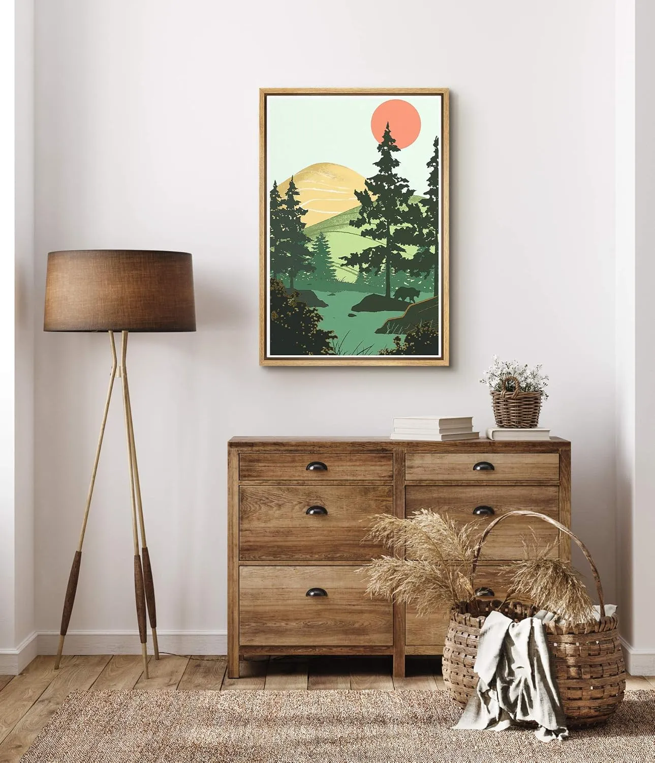 SIGNFORD Framed Canvas Wall Art Yellow Mountains, Green Trees, Red Sun and Bear Outdoor Camping Nature Wilderness Illustrations Modern Scenic Fun for Living Room, Bedroom, Office - 24x36 inches