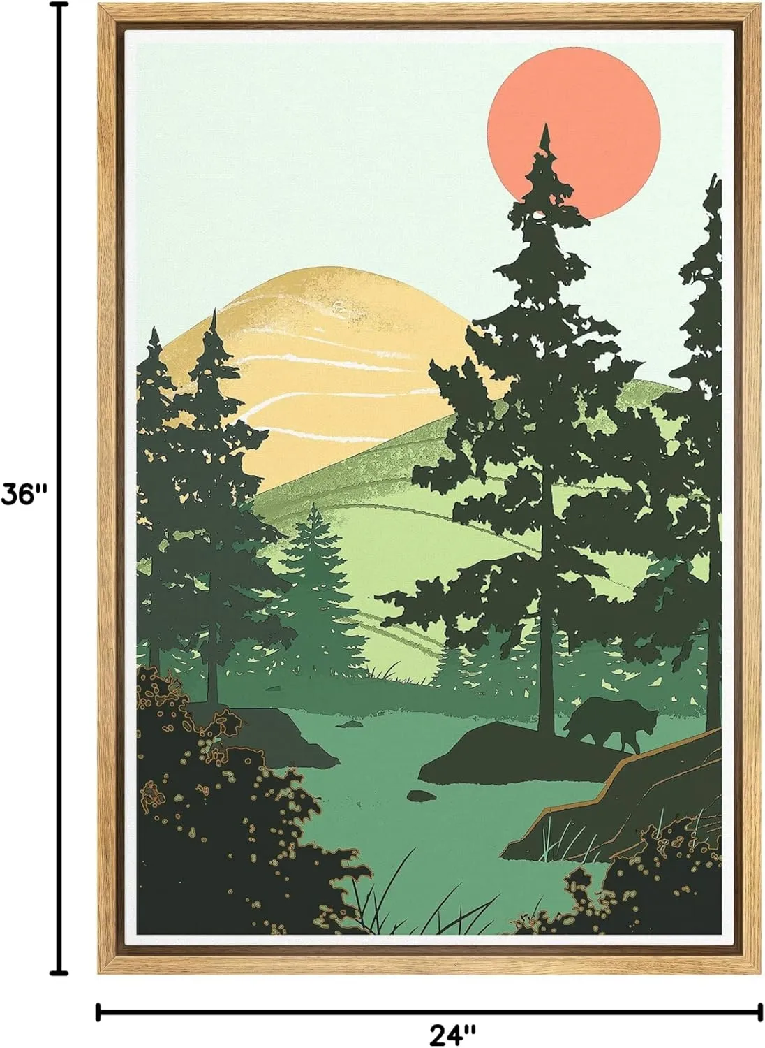 SIGNFORD Framed Canvas Wall Art Yellow Mountains, Green Trees, Red Sun and Bear Outdoor Camping Nature Wilderness Illustrations Modern Scenic Fun for Living Room, Bedroom, Office - 24x36 inches