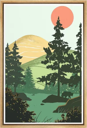 SIGNFORD Framed Canvas Wall Art Yellow Mountains, Green Trees, Red Sun and Bear Outdoor Camping Nature Wilderness Illustrations Modern Scenic Fun for Living Room, Bedroom, Office - 24x36 inches