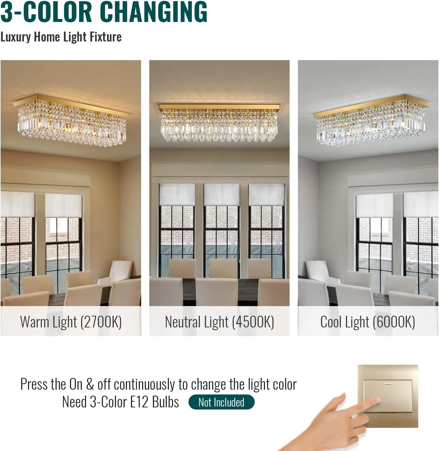 Siljoy 6 Lights Gold Rectangle Flush Mount Ceiling Light, Modern Rectangular Raindrop Chandelier Pendant Island Light for Living Dining Room Kitchen Island Bar Bedroom L31.5 Inch