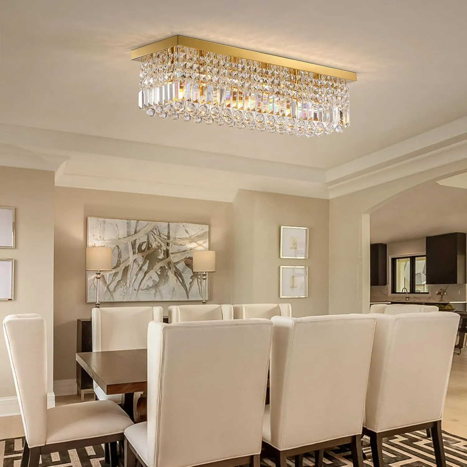 Siljoy 6 Lights Gold Rectangle Flush Mount Ceiling Light, Modern Rectangular Raindrop Chandelier Pendant Island Light for Living Dining Room Kitchen Island Bar Bedroom L31.5 Inch