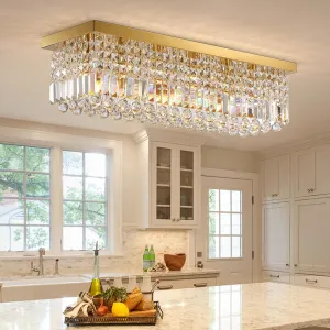 Siljoy 6 Lights Gold Rectangle Flush Mount Ceiling Light, Modern Rectangular Raindrop Chandelier Pendant Island Light for Living Dining Room Kitchen Island Bar Bedroom L31.5 Inch