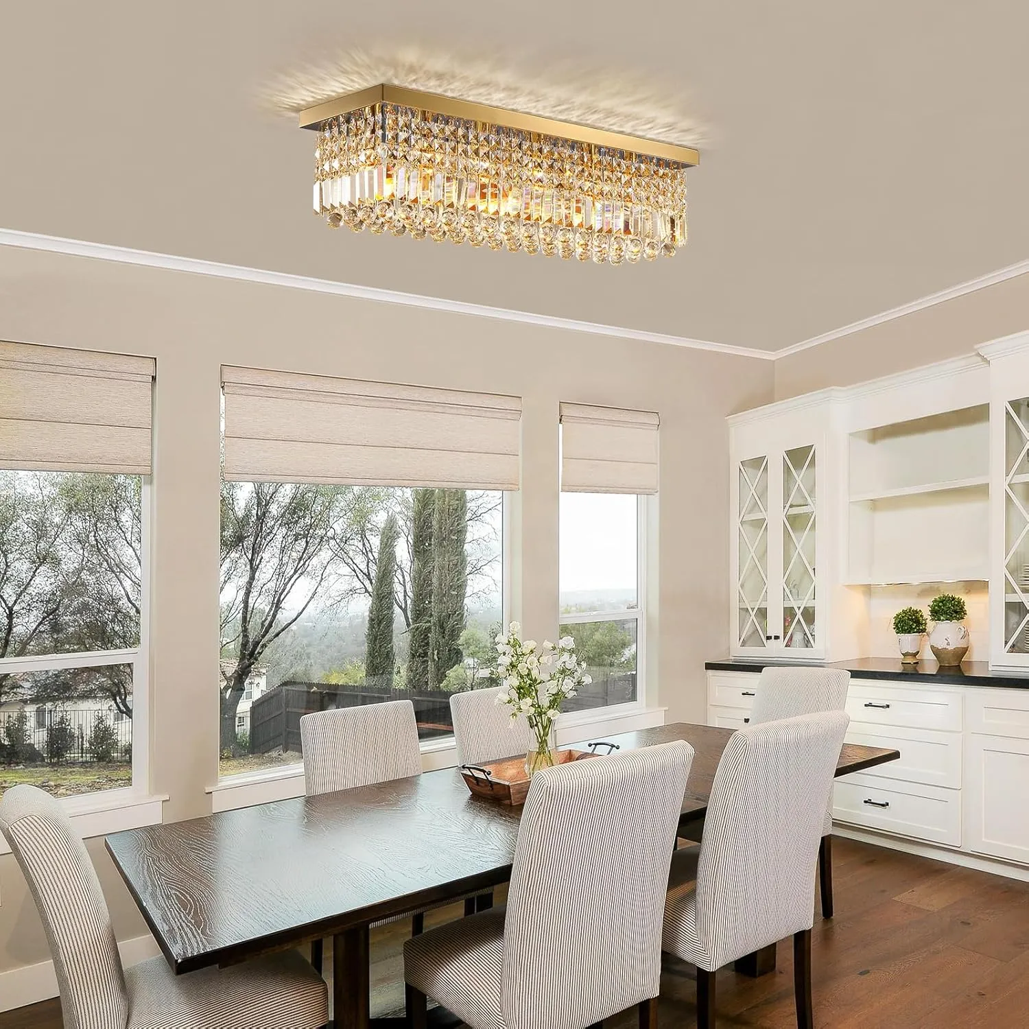 Siljoy 6 Lights Gold Rectangle Flush Mount Ceiling Light, Modern Rectangular Raindrop Chandelier Pendant Island Light for Living Dining Room Kitchen Island Bar Bedroom L31.5 Inch