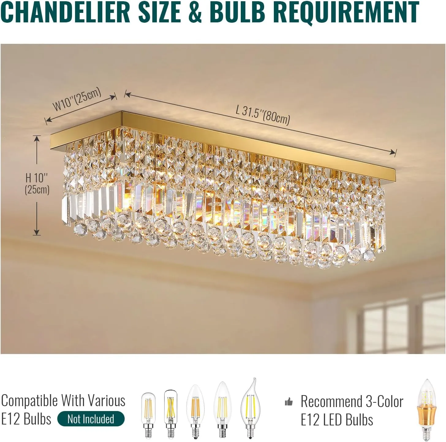 Siljoy 6 Lights Gold Rectangle Flush Mount Ceiling Light, Modern Rectangular Raindrop Chandelier Pendant Island Light for Living Dining Room Kitchen Island Bar Bedroom L31.5 Inch