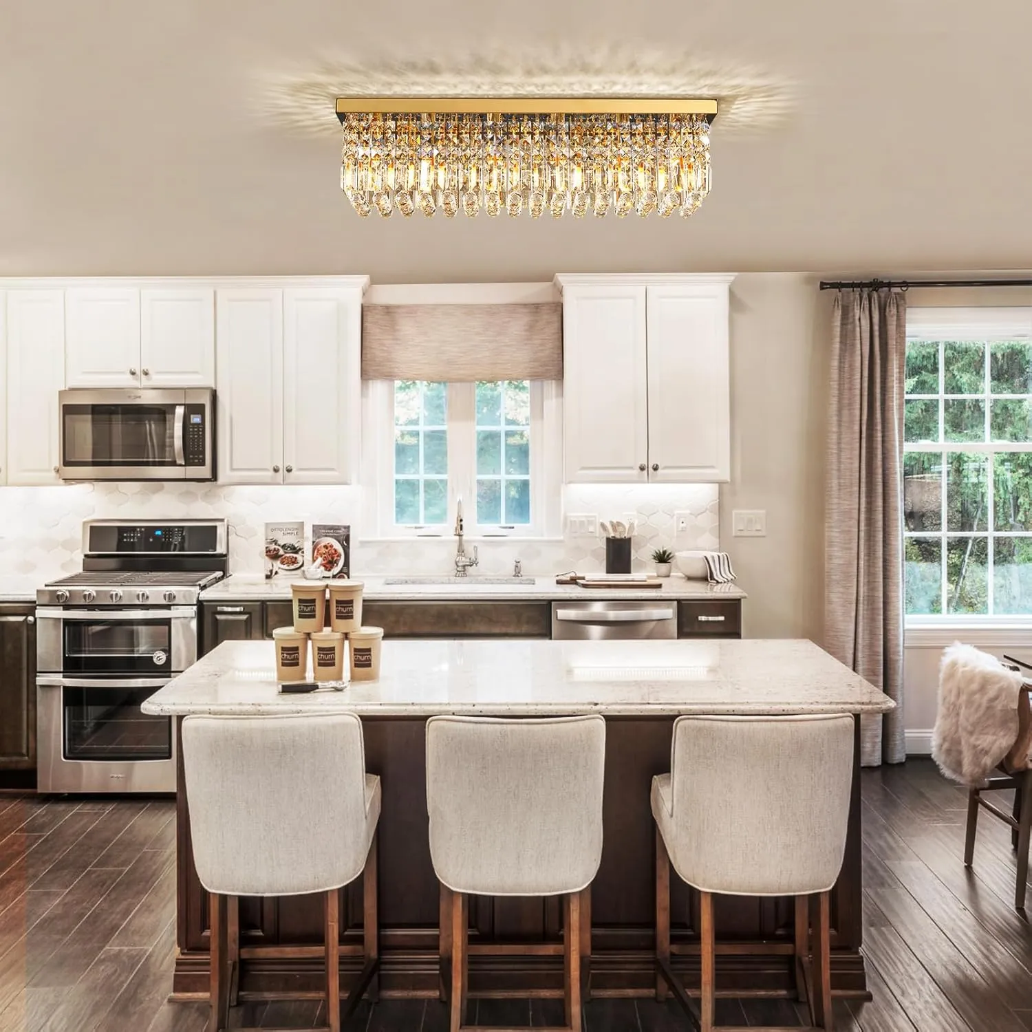 Siljoy 6 Lights Gold Rectangle Flush Mount Ceiling Light, Modern Rectangular Raindrop Chandelier Pendant Island Light for Living Dining Room Kitchen Island Bar Bedroom L31.5 Inch