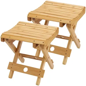 SINJEUN 2 Pack 12 Inch Natural Bamboo Folding Step Stool Bench for Bathroom, Spa, Sauna, Wooden Seat, Shower Bench Stool, Easy Assembled