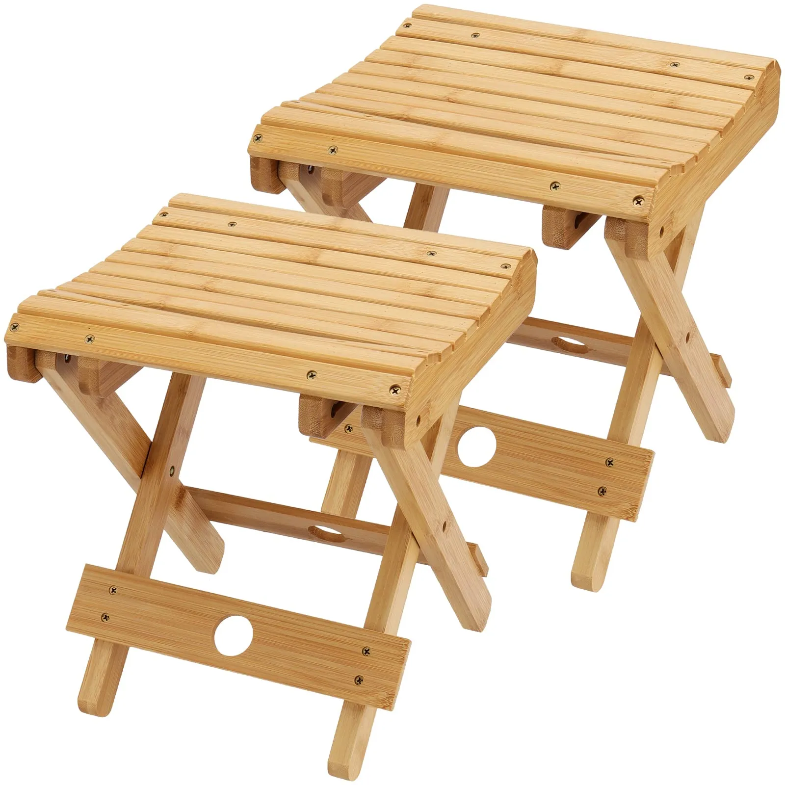 SINJEUN 2 Pack 12 Inch Natural Bamboo Folding Step Stool Bench for Bathroom, Spa, Sauna, Wooden Seat, Shower Bench Stool, Easy Assembled