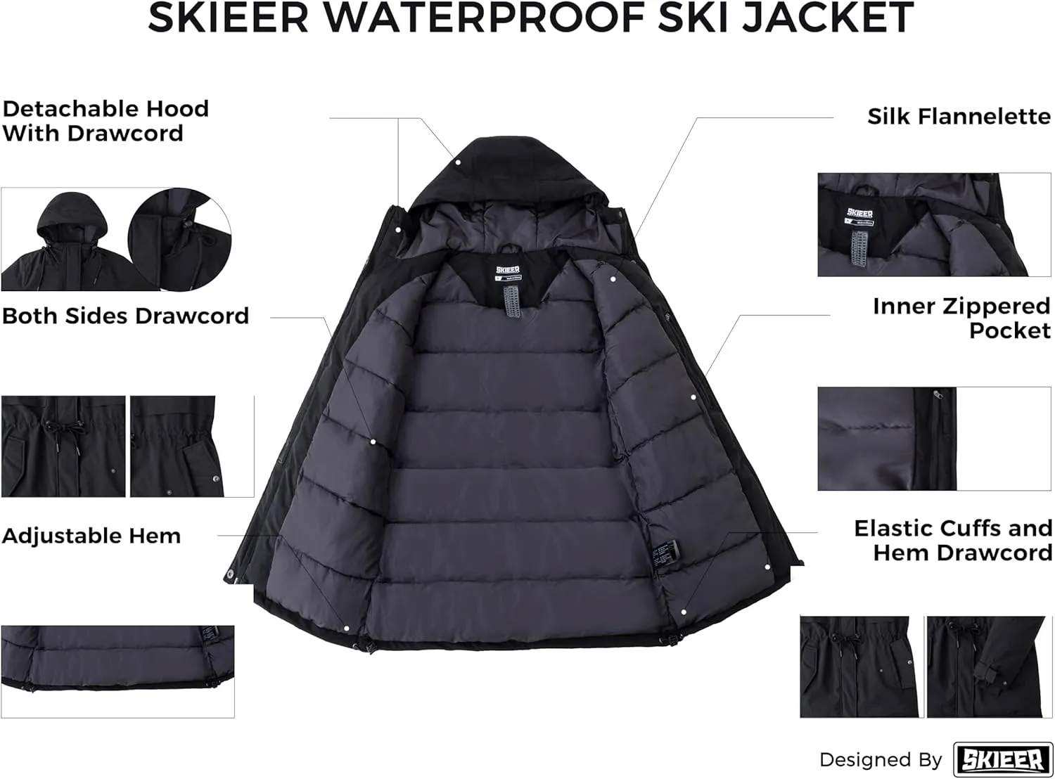 Skieer Women's Waterproof Ski Jacket Hooded Fleece Winter Jacket Warm Snow Coat