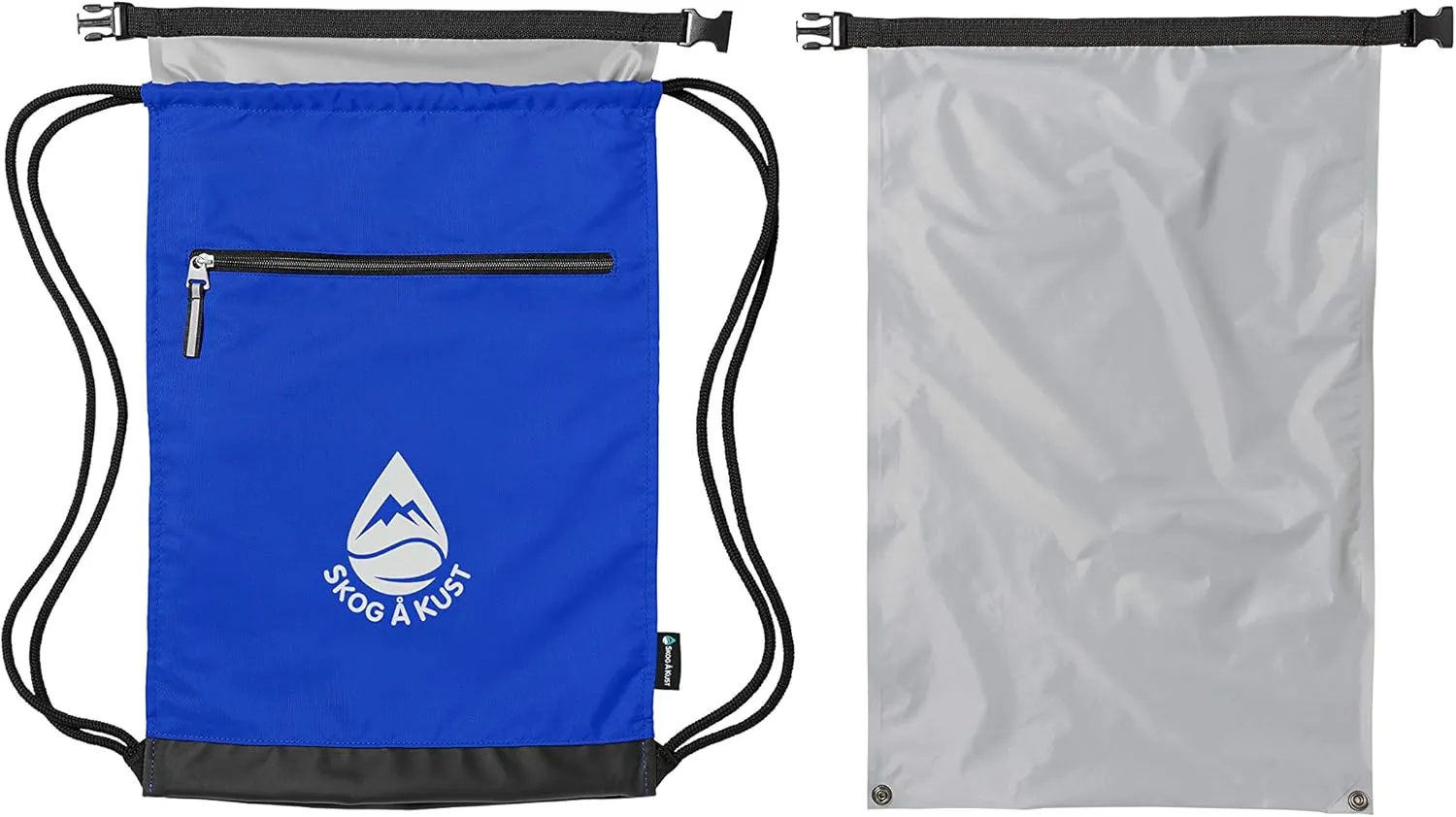 Skog Å Kust GymSak | Patented 2-in-1 Drawstring Cinch Bag with Removable Waterproof Dry Bag | Blue & Grey