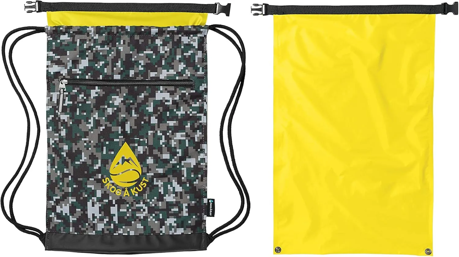 Skog Å Kust GymSak | Patented 2-in-1 Drawstring Cinch Bag with Removable Waterproof Dry Bag | Camo & Yellow