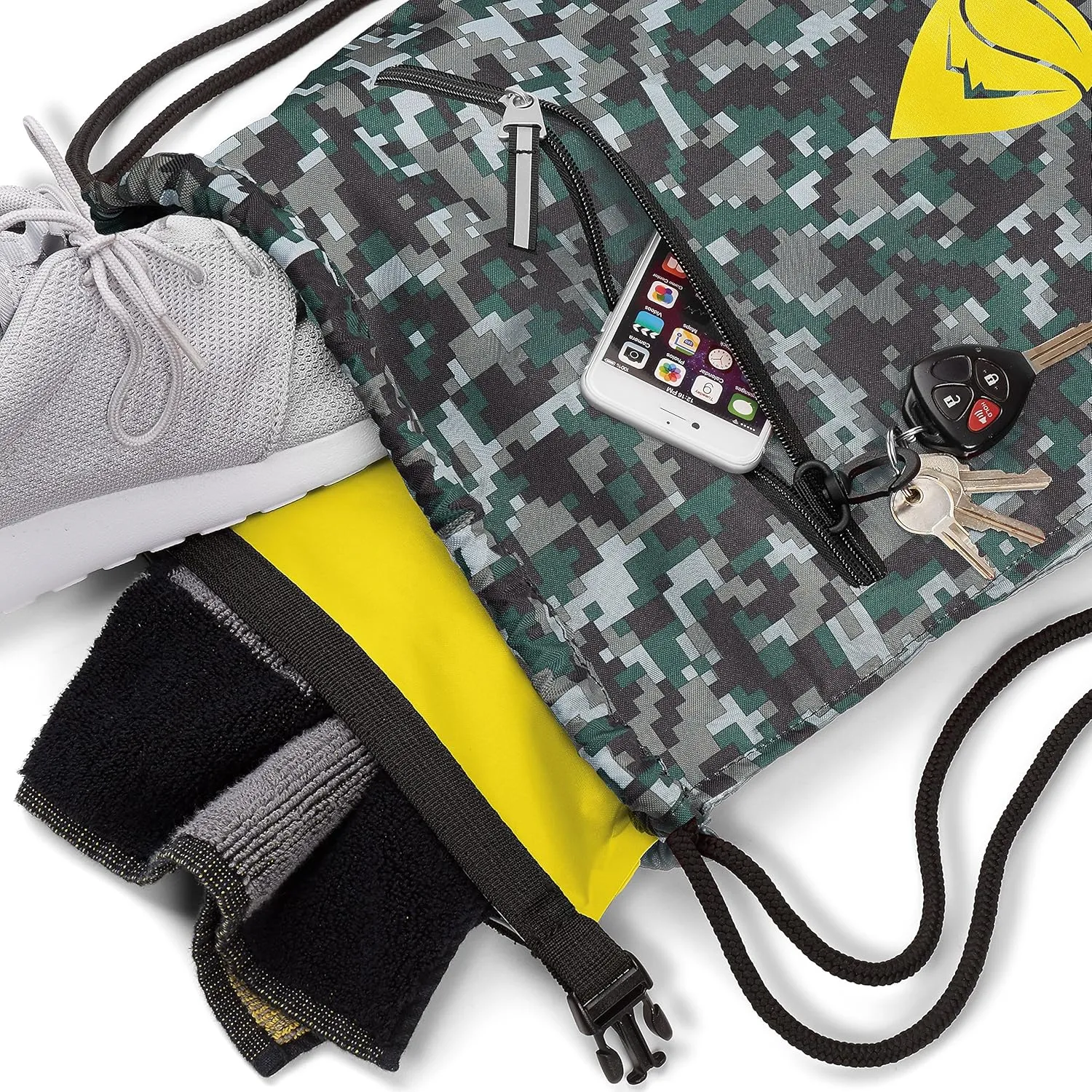 Skog Å Kust GymSak | Patented 2-in-1 Drawstring Cinch Bag with Removable Waterproof Dry Bag | Camo & Yellow