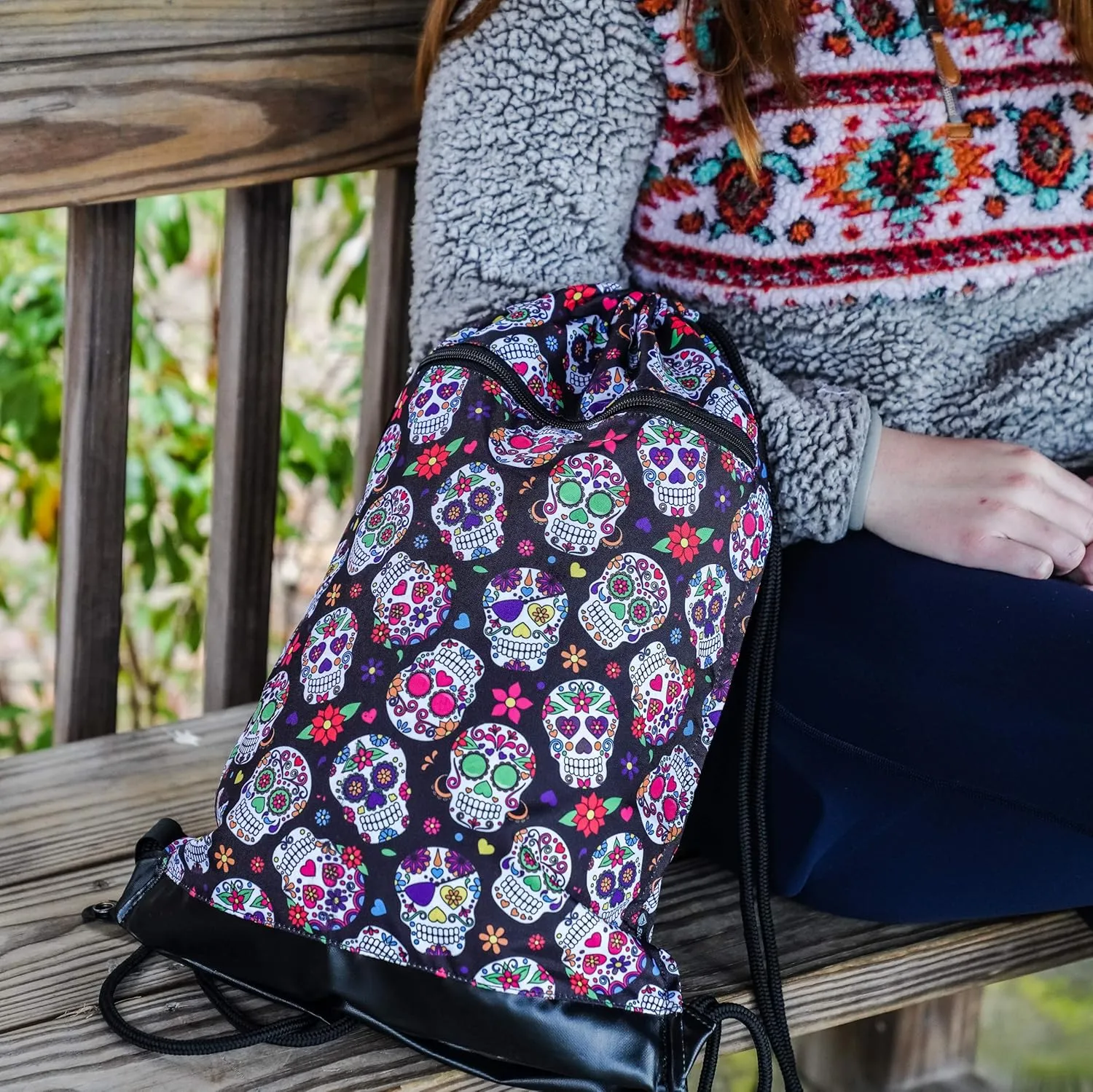 Skog Å Kust GymSak | Patented 2-in-1 Drawstring Cinch Bag with Removable Waterproof Dry Bag | Sugar Skulls
