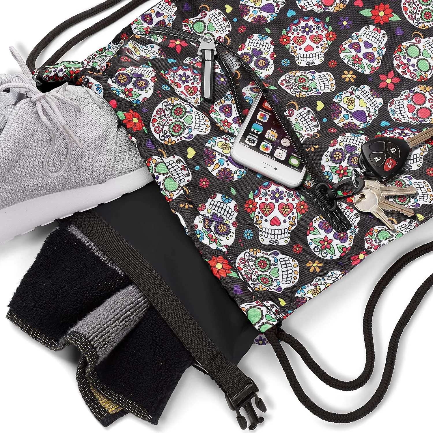 Skog Å Kust GymSak | Patented 2-in-1 Drawstring Cinch Bag with Removable Waterproof Dry Bag | Sugar Skulls