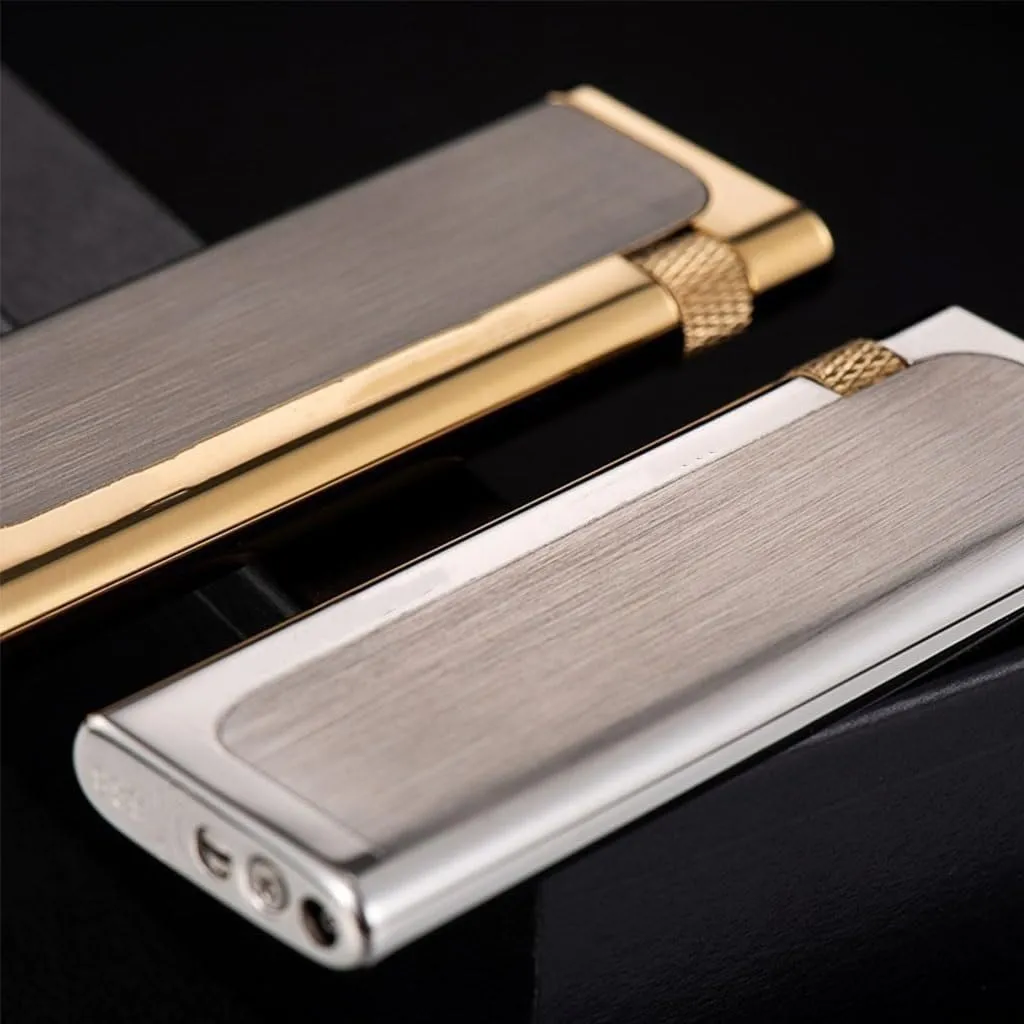 Slim Soft Flame Lighter, Refillable Butane, Side Wheel Flint Ignition, Portable Ultra-Thin, Black Silver
