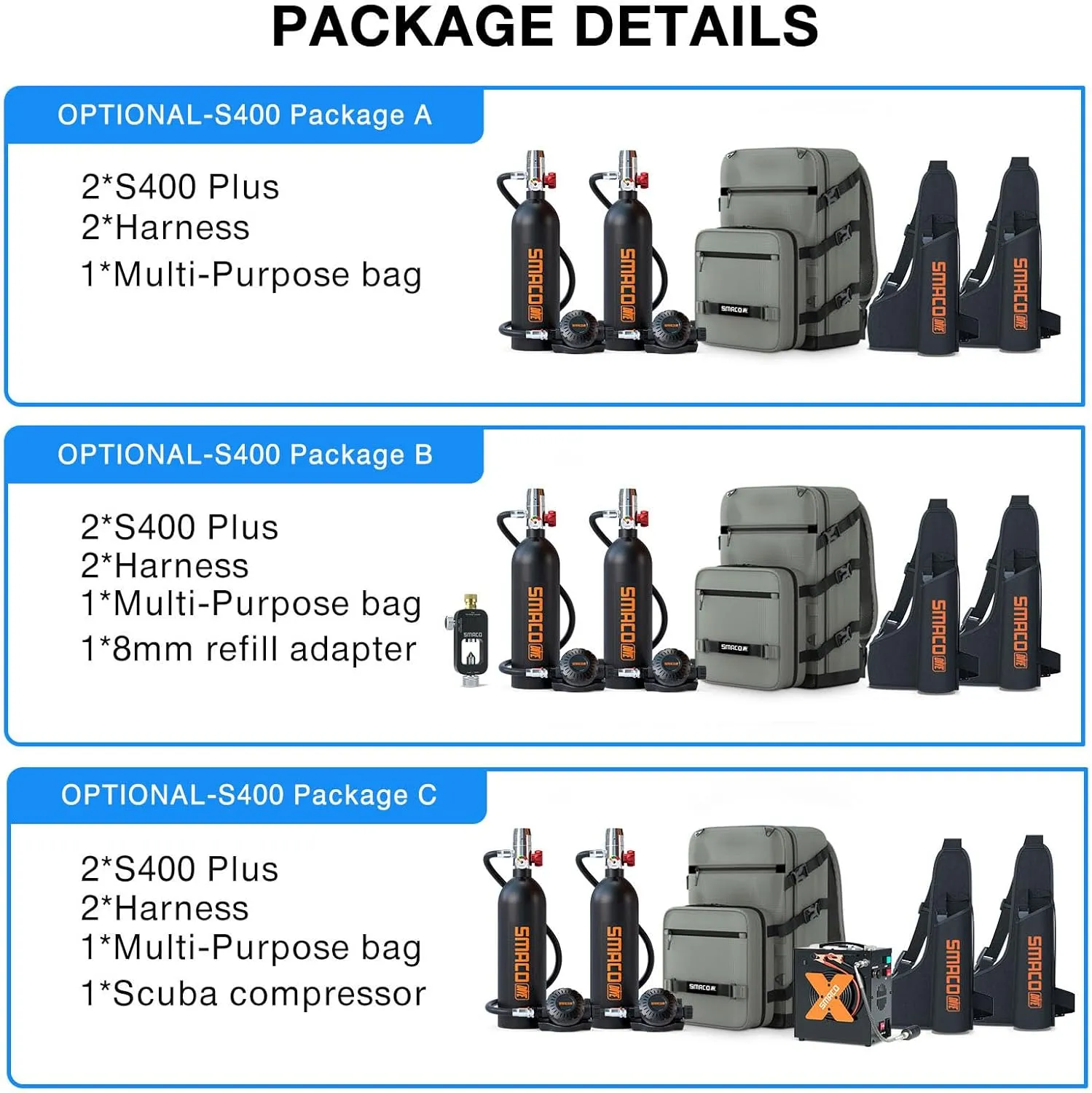 SMACO Mini Scuba Tank 1L Portable Diving Tank (2 Pcs) Reusable Scuba Pony Bottle Backup Dive Air Cylinder up to 20 Mins Dive Time Family and Buddy Kit for Underwater Exploration Rescue S400