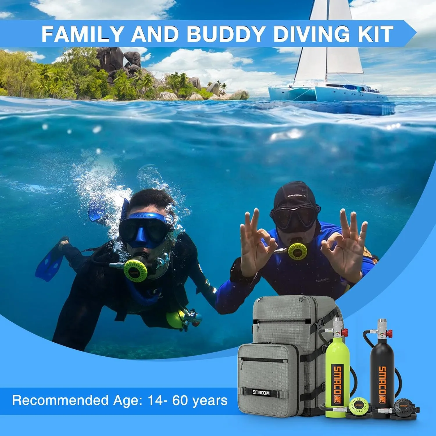 SMACO Mini Scuba Tank 1L Portable Diving Tank (2 Pcs) Reusable Scuba Pony Bottle Backup Dive Air Cylinder up to 20 Mins Dive Time Family and Buddy Kit for Underwater Exploration Rescue S400