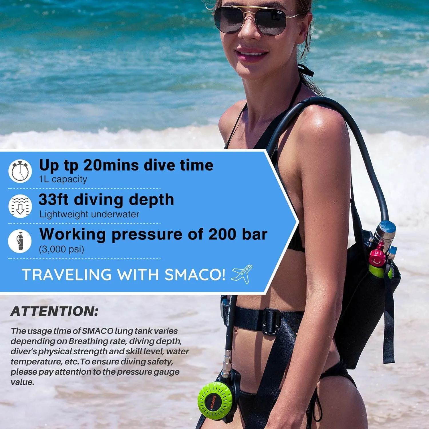 SMACO Mini Scuba Tank 1L Portable Diving Tank (2 Pcs) Reusable Scuba Pony Bottle Backup Dive Air Cylinder up to 20 Mins Dive Time Family and Buddy Kit for Underwater Exploration Rescue S400