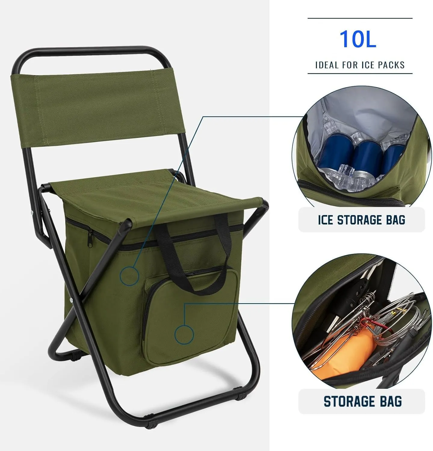 Small Fishing Chair with Cooler Bag, Compact Fishing Stool, Outdoor Lightweight Camping Chair with Backrest for Rv Hiking Travel, Hunting, Beach, Ice Fishing Gifts Gear for Men