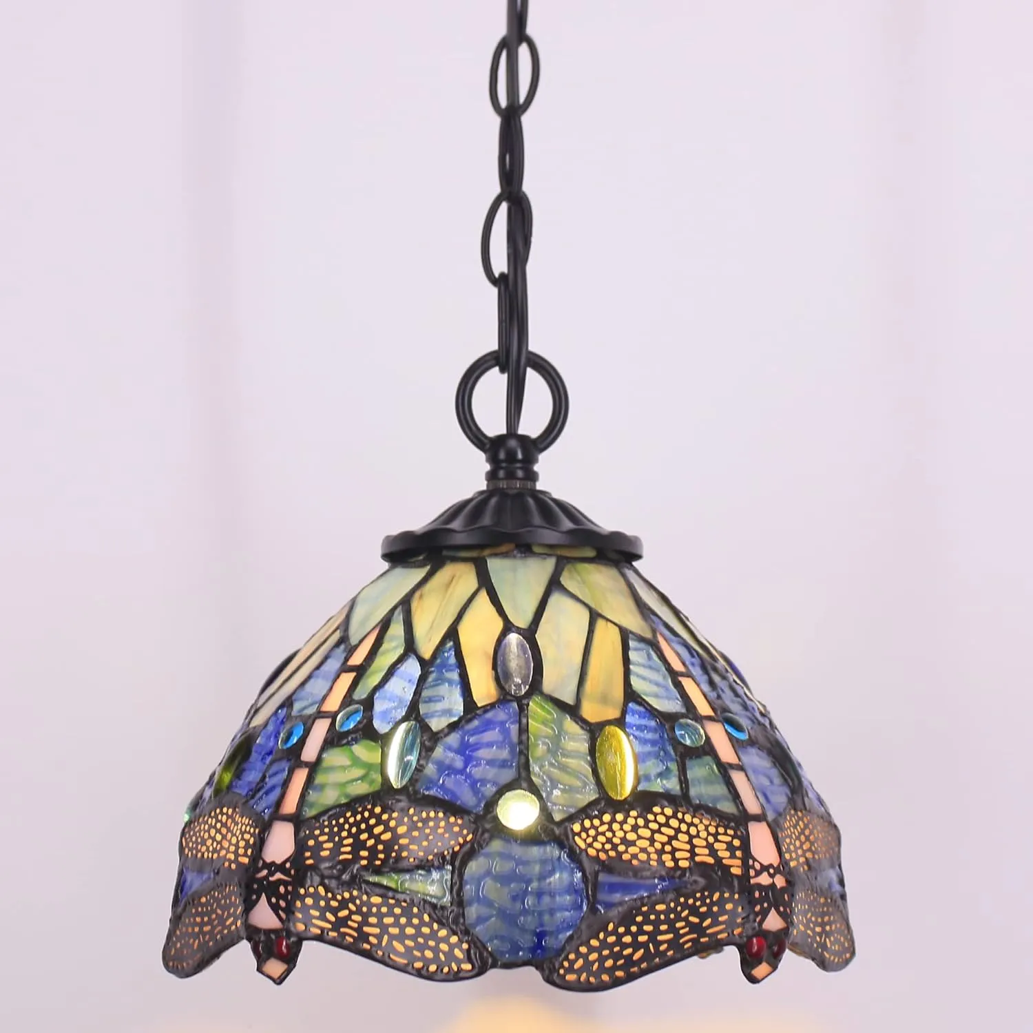 Small Tiffany Pendant Light 8 inch Tiffany Style Stained Glass Pendant Hanging Lamp Small Vintage Hanging Light Fixtures for Home Living Room Restaurant Hallway (Blue Dragonfly Style)