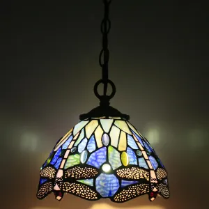 Small Tiffany Pendant Light 8 inch Tiffany Style Stained Glass Pendant Hanging Lamp Small Vintage Hanging Light Fixtures for Home Living Room Restaurant Hallway (Blue Dragonfly Style)