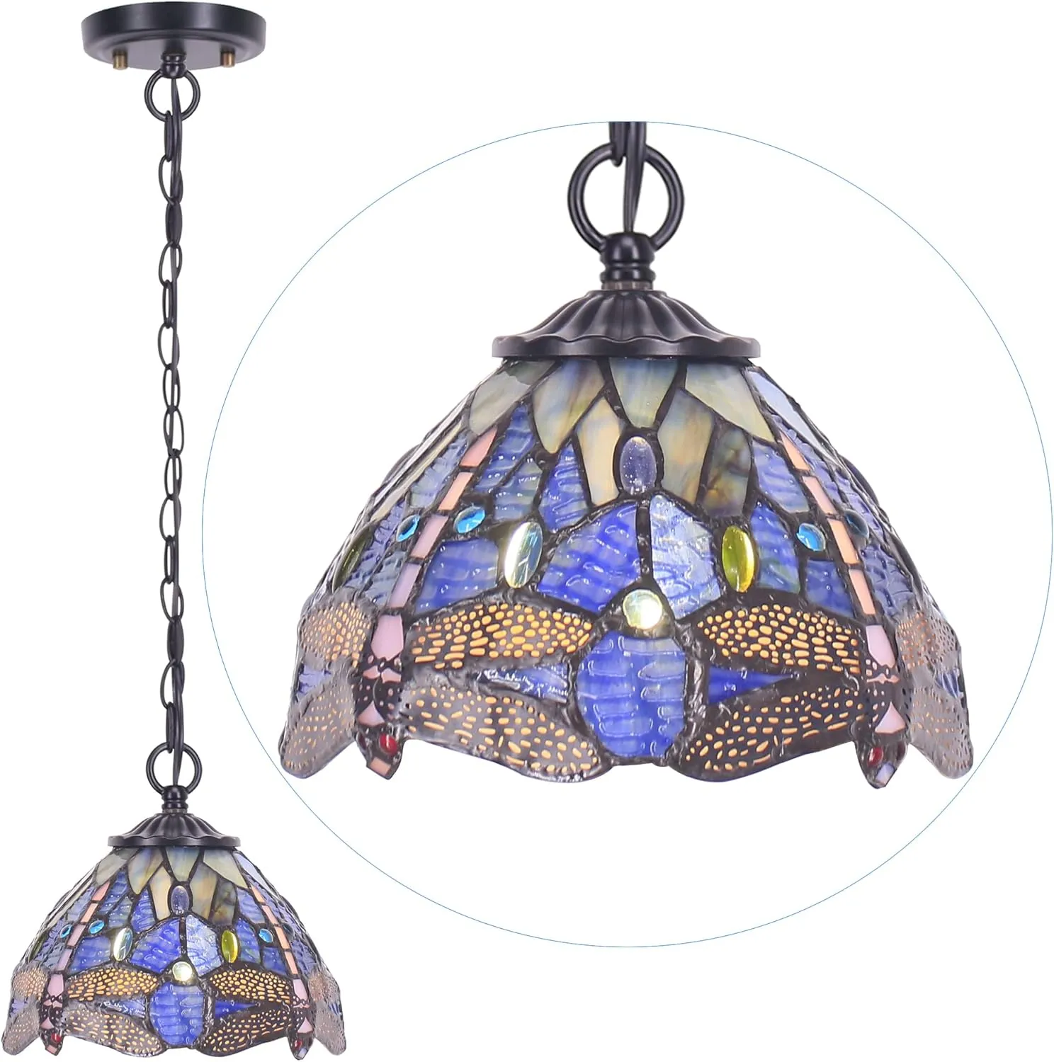 Small Tiffany Pendant Light 8 inch Tiffany Style Stained Glass Pendant Hanging Lamp Small Vintage Hanging Light Fixtures for Home Living Room Restaurant Hallway (Blue Dragonfly Style)