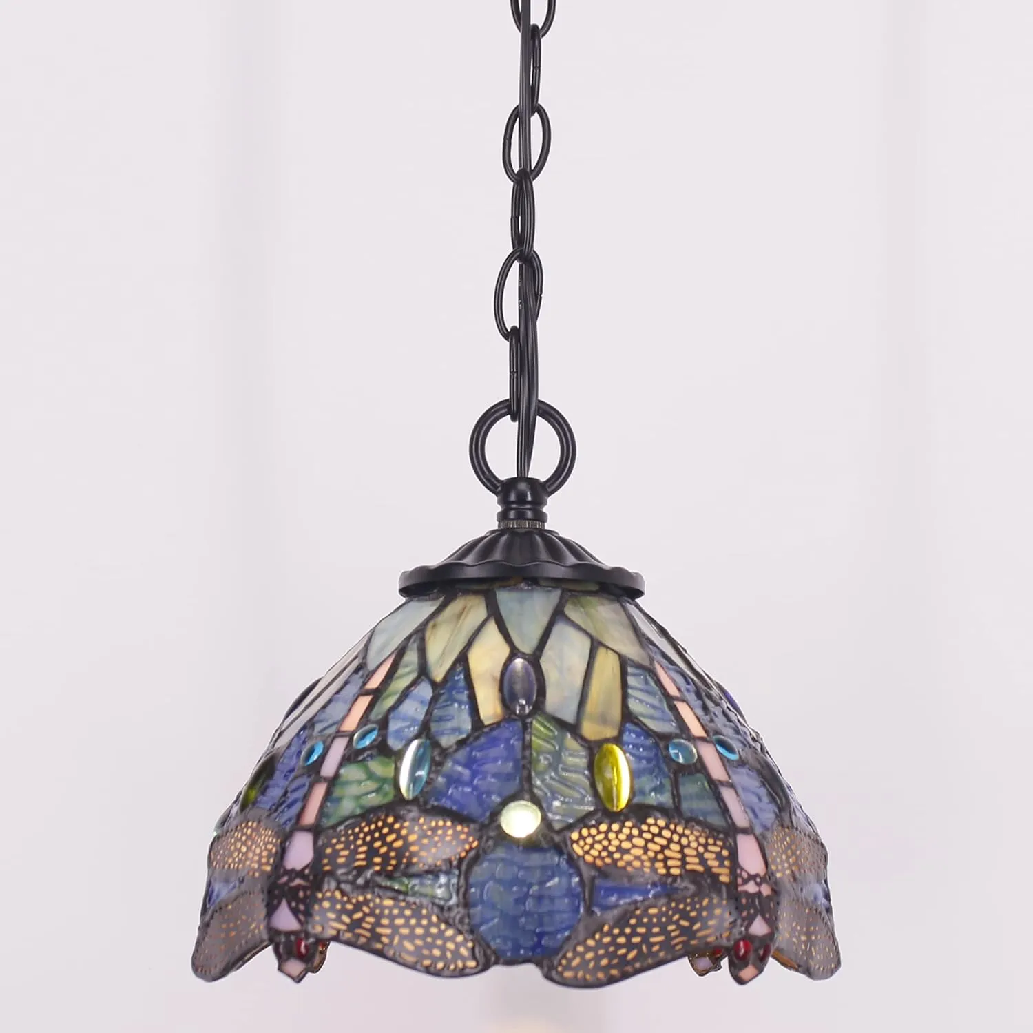 Small Tiffany Pendant Light 8 inch Tiffany Style Stained Glass Pendant Hanging Lamp Small Vintage Hanging Light Fixtures for Home Living Room Restaurant Hallway (Blue Dragonfly Style)