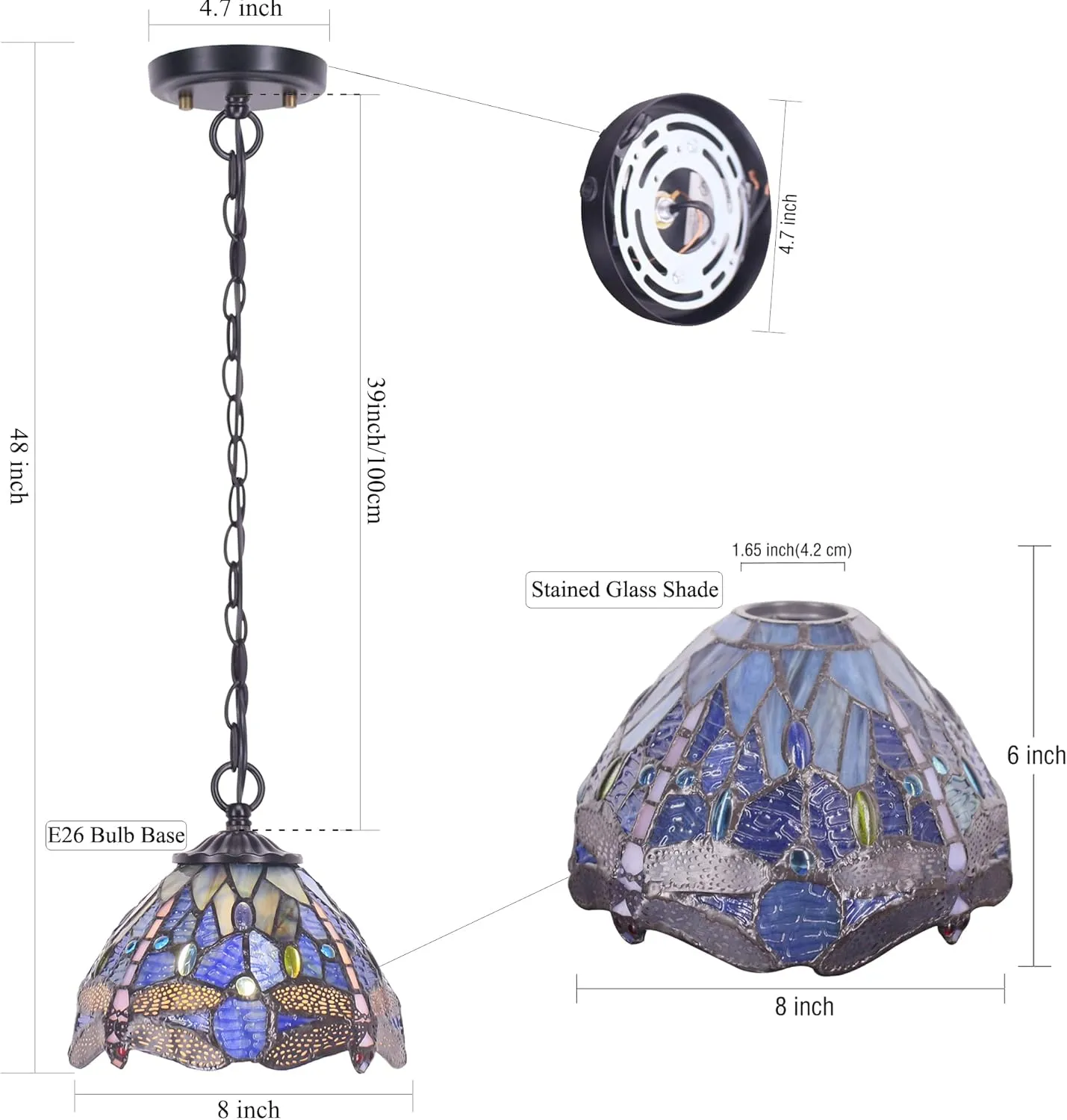 Small Tiffany Pendant Light 8 inch Tiffany Style Stained Glass Pendant Hanging Lamp Small Vintage Hanging Light Fixtures for Home Living Room Restaurant Hallway (Blue Dragonfly Style)