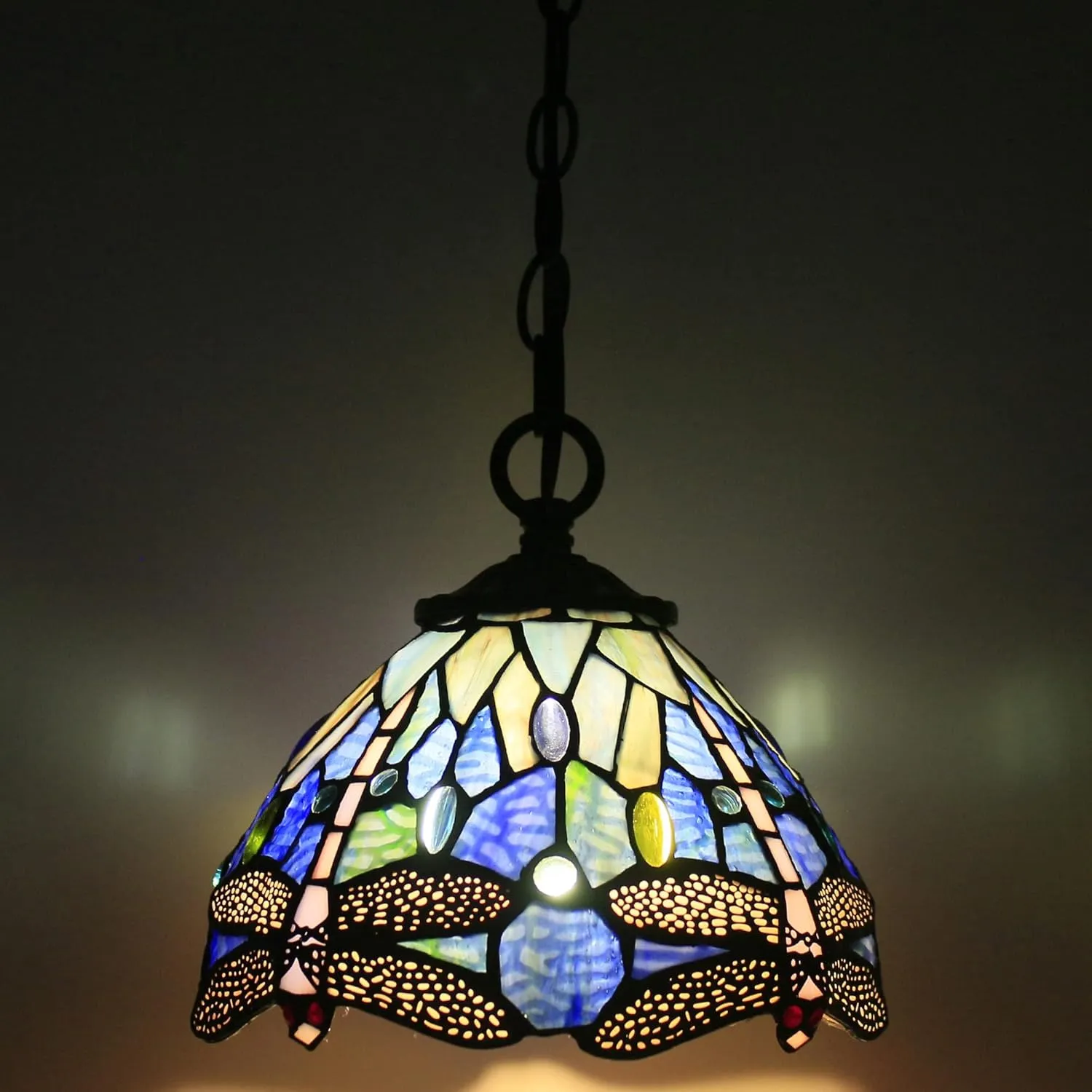 Small Tiffany Pendant Light 8 inch Tiffany Style Stained Glass Pendant Hanging Lamp Small Vintage Hanging Light Fixtures for Home Living Room Restaurant Hallway (Blue Dragonfly Style)