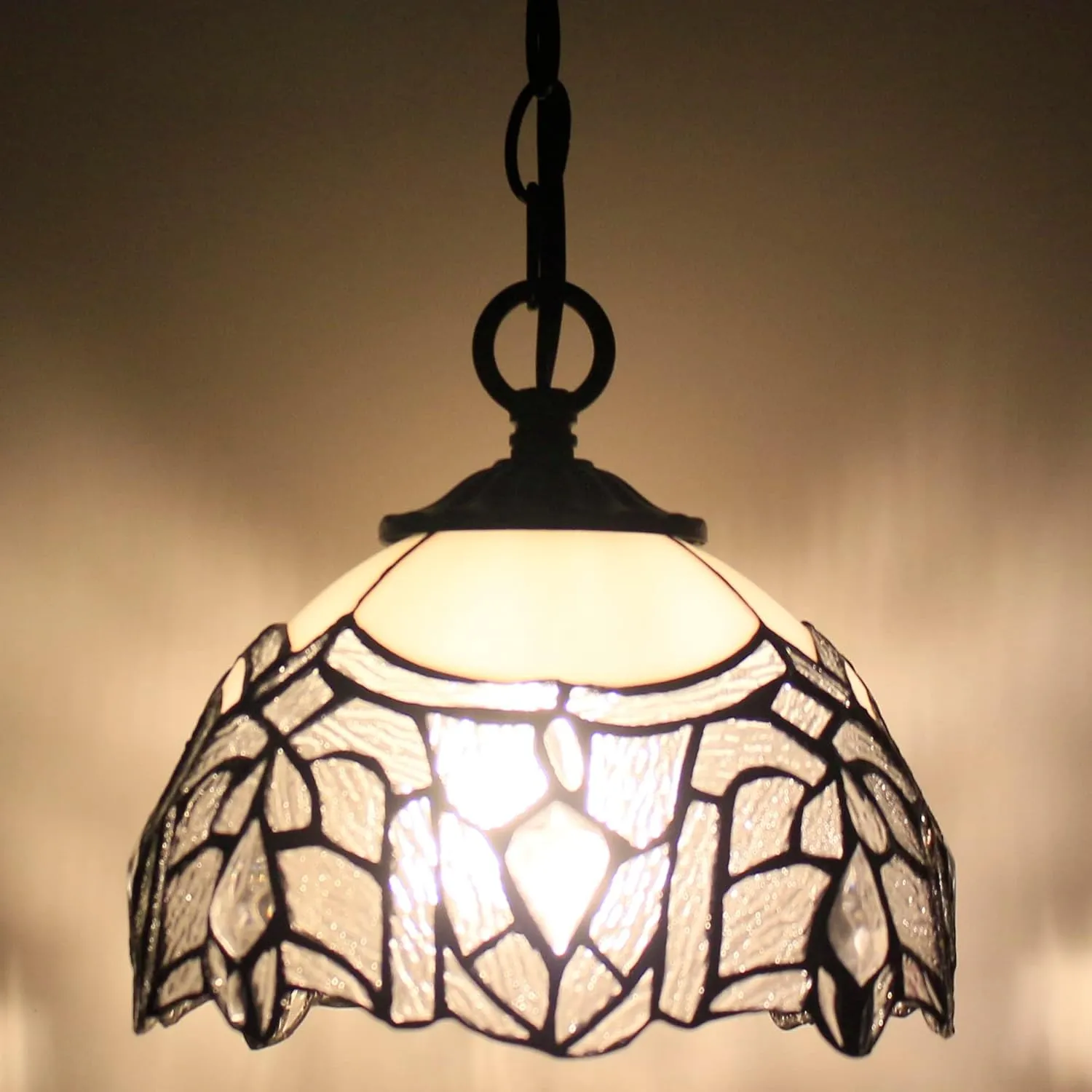Small Tiffany Pendant Light 8 inch Tiffany Style Stained Glass Pendant Hanging Lamp Small Vintage Hanging Light Fixtures for Home Living Room Restaurant Hallway (White Bending Crtystal Style)
