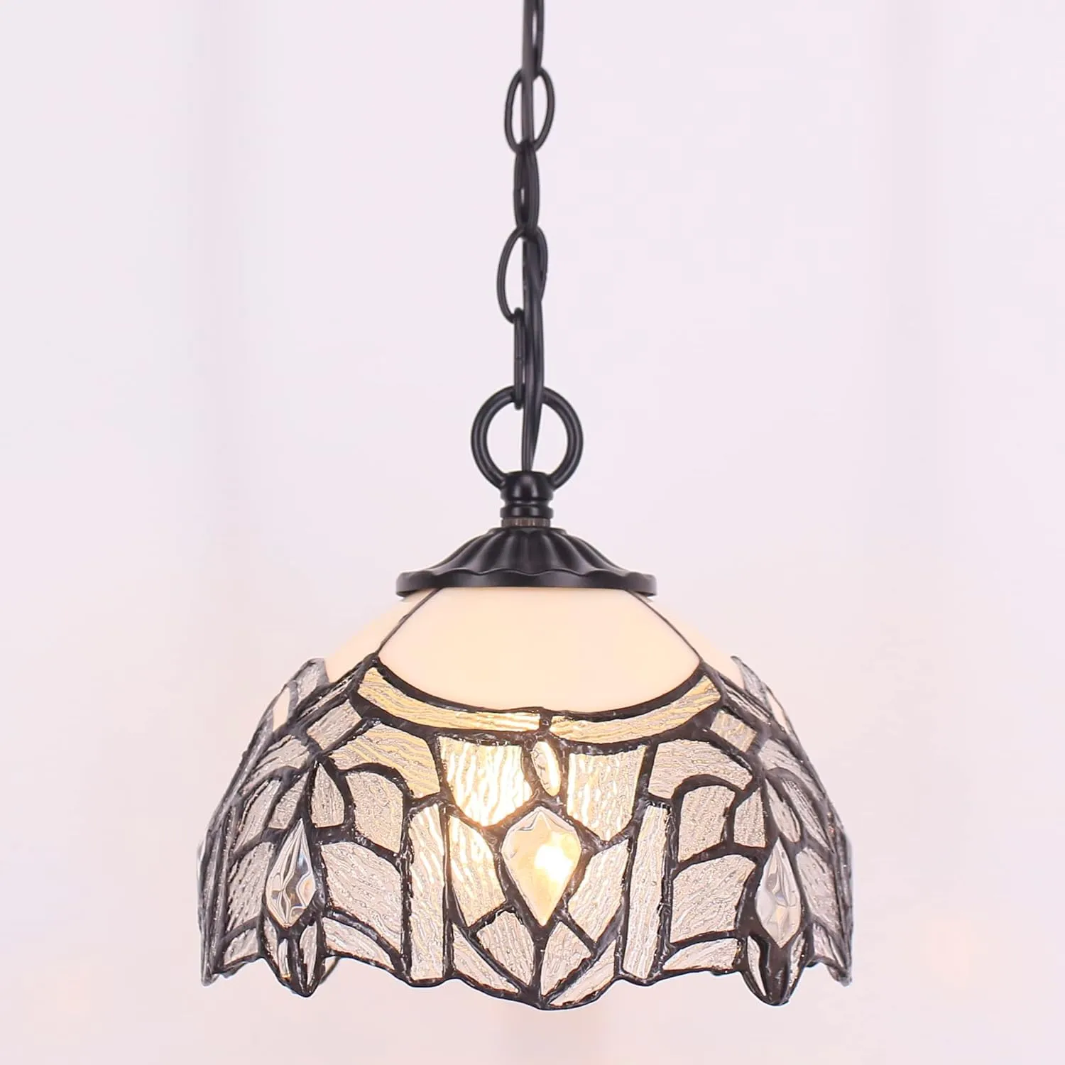 Small Tiffany Pendant Light 8 inch Tiffany Style Stained Glass Pendant Hanging Lamp Small Vintage Hanging Light Fixtures for Home Living Room Restaurant Hallway (White Bending Crtystal Style)