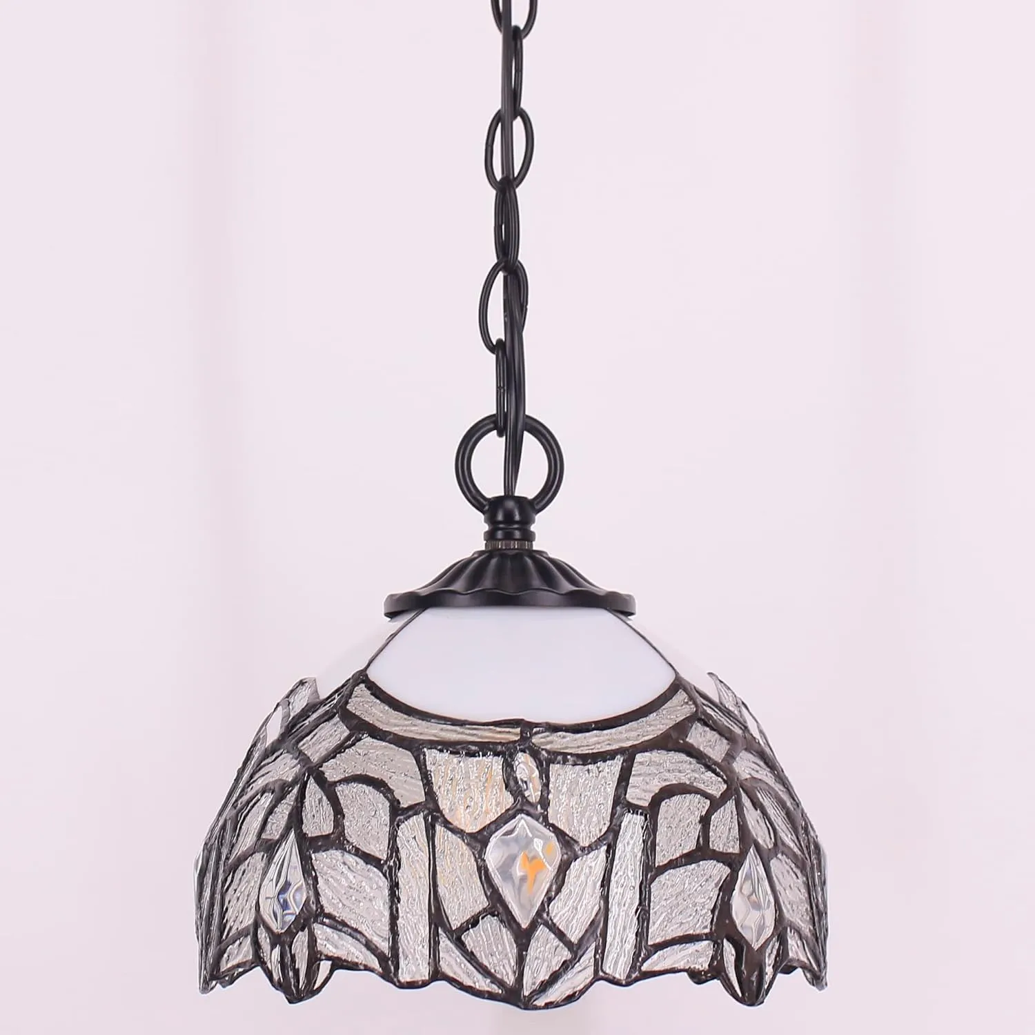 Small Tiffany Pendant Light 8 inch Tiffany Style Stained Glass Pendant Hanging Lamp Small Vintage Hanging Light Fixtures for Home Living Room Restaurant Hallway (White Bending Crtystal Style)
