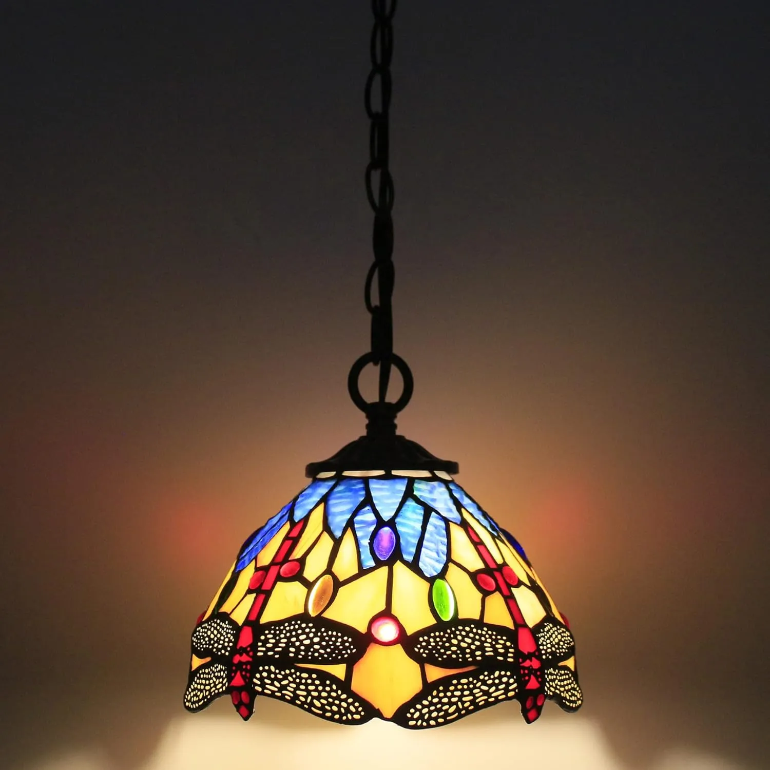 Small Tiffany Pendant Light 8 inch Tiffany Style Stained Glass Pendant Hanging Lamp Small Vintage Hanging Light Fixtures for Home Living Room Restaurant Hallway (Yellow Dragonfly Style)