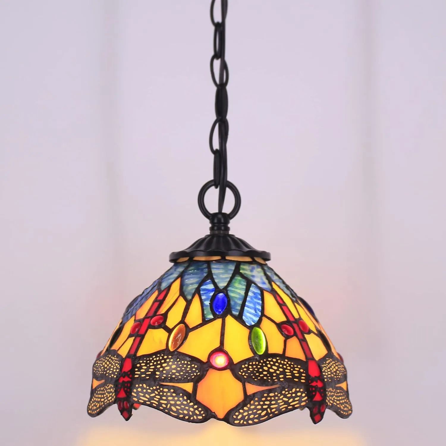 Small Tiffany Pendant Light 8 inch Tiffany Style Stained Glass Pendant Hanging Lamp Small Vintage Hanging Light Fixtures for Home Living Room Restaurant Hallway (Yellow Dragonfly Style)