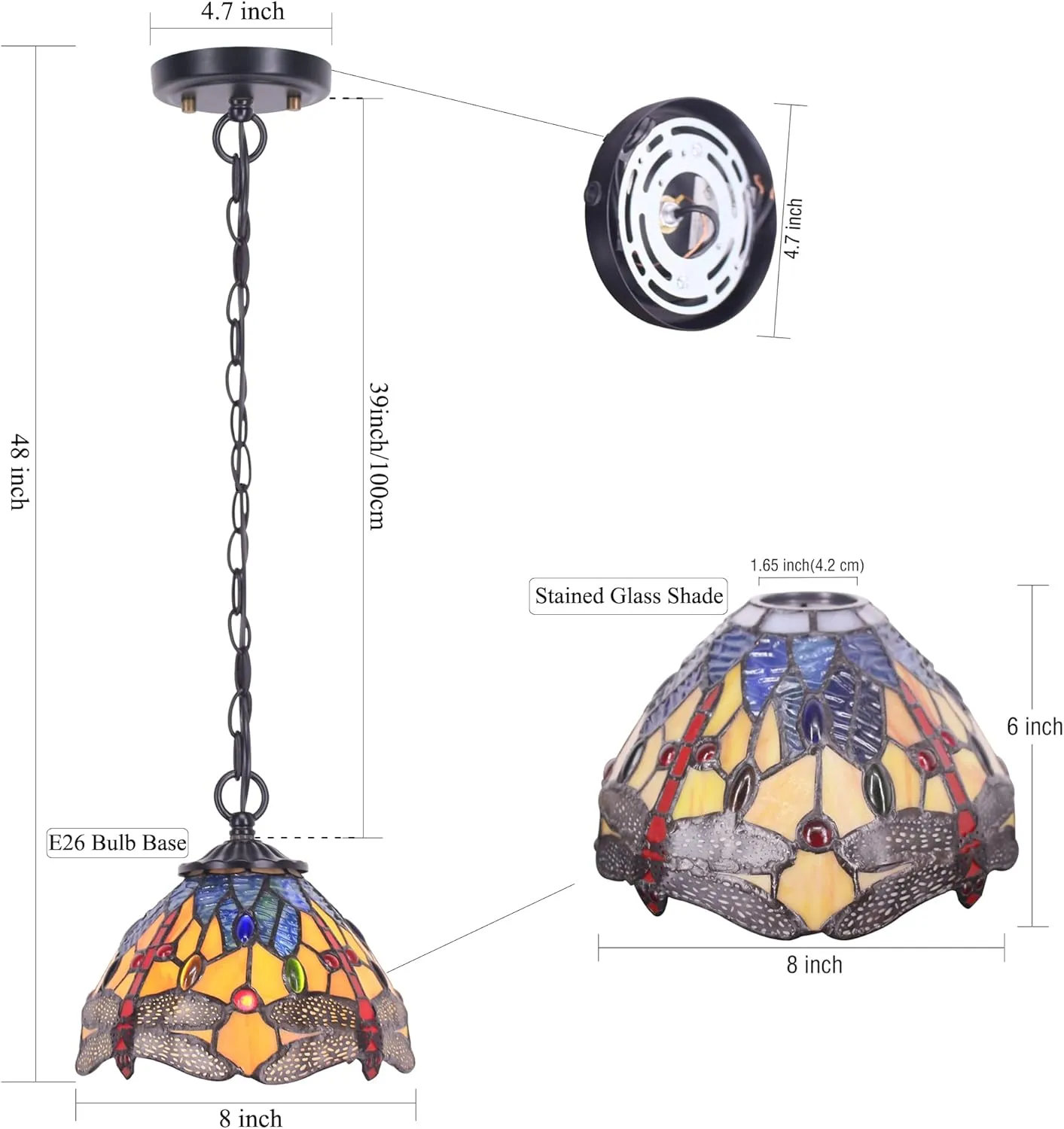 Small Tiffany Pendant Light 8 inch Tiffany Style Stained Glass Pendant Hanging Lamp Small Vintage Hanging Light Fixtures for Home Living Room Restaurant Hallway (Yellow Dragonfly Style)
