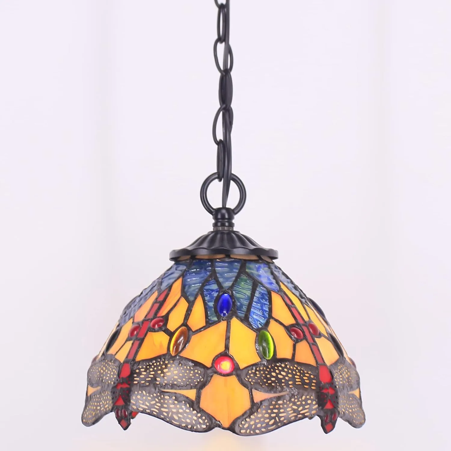 Small Tiffany Pendant Light 8 inch Tiffany Style Stained Glass Pendant Hanging Lamp Small Vintage Hanging Light Fixtures for Home Living Room Restaurant Hallway (Yellow Dragonfly Style)