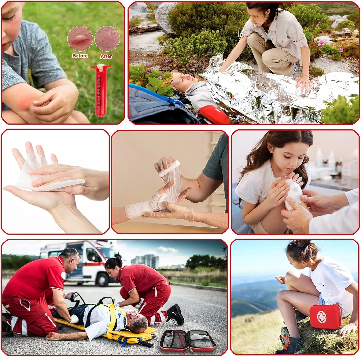 Snake Bite Kit, Bee Sting Kit, Emergency First Aid Supplies, Venom Extractor Suction Pump, Bite and Sting First Aid for Hiking, Backpacking and Camping. Includes Bonus CPR face Shield (Red)