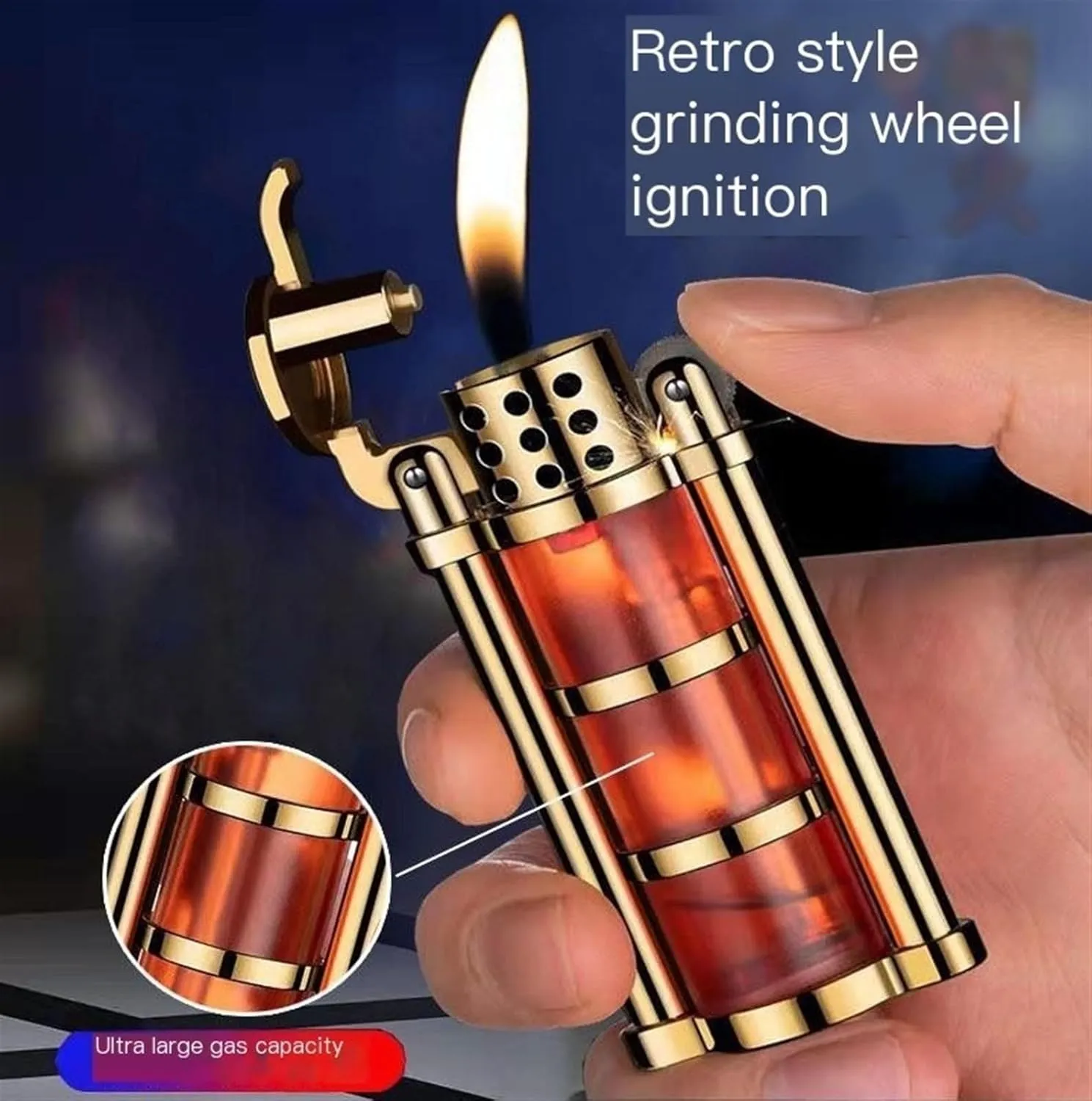 Soft Flame Butane Gas Refillable Lighter，Open Flame Lighter, Classic Lighter, Adjustable Fire Flame Lighter, Retro Flint Wheel Ignition Lighter(Black-red)