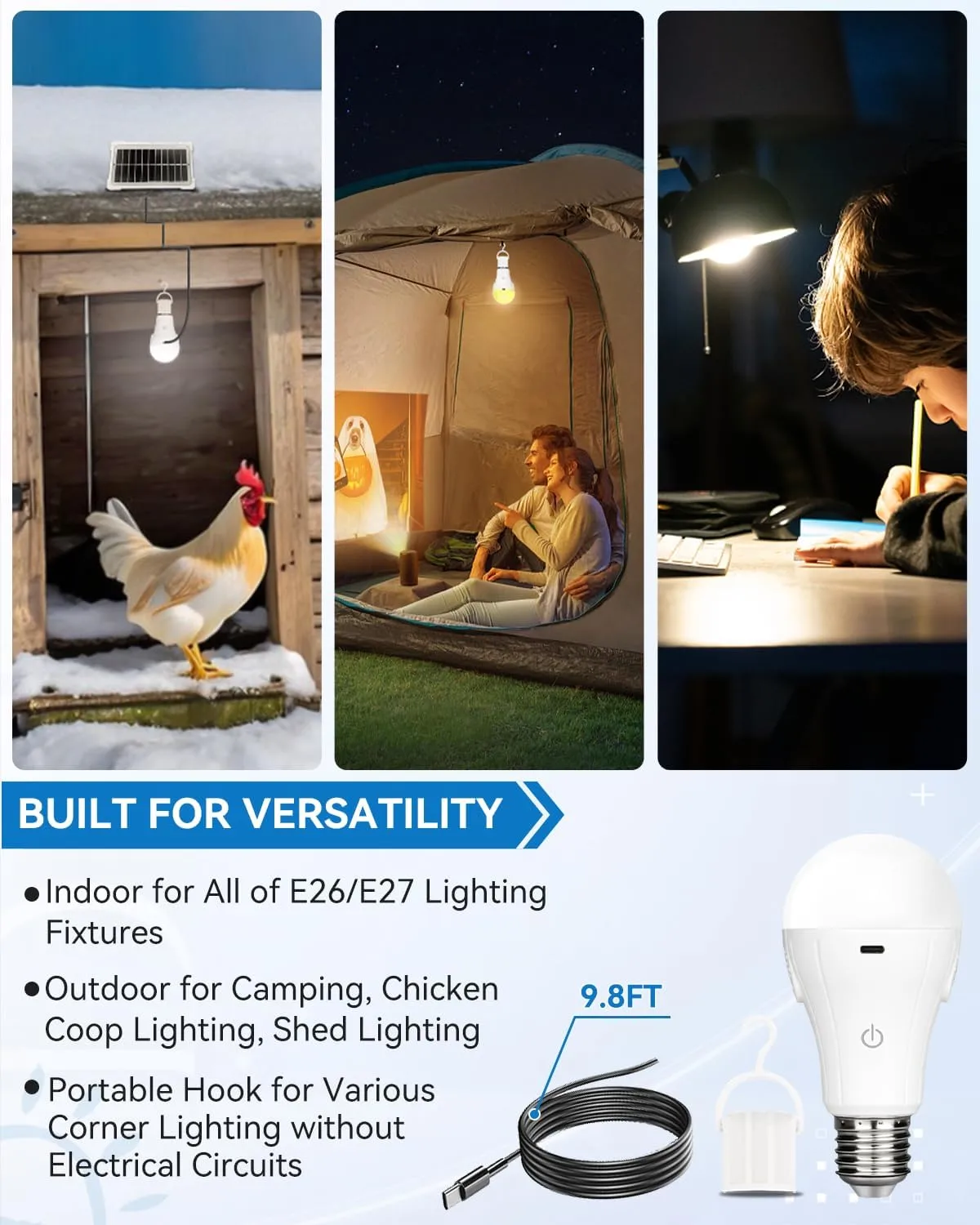 Solar & USB Rechargeable Light Bulbs With Remote   Touch Control, 3 Colors & Dimmable, Large Solar Panel 1800mAh Battery Powered Light Bulb, Battery Light Bulbs Indoor For Home Camping Shed