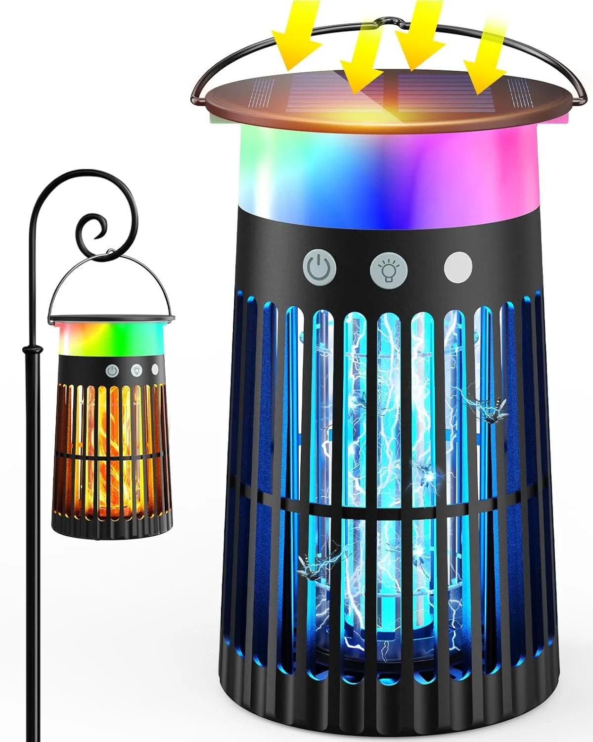 Solar Bug Zapper Outdoor, Mosquito Killer w/Flame & RGB Light, 4200V High-Power, IPX5 Waterproof Mosquito Fly Zapper, Indoor & Outdoor Electric Portable Insect Trap for Patio, Garden, Backyard, Home