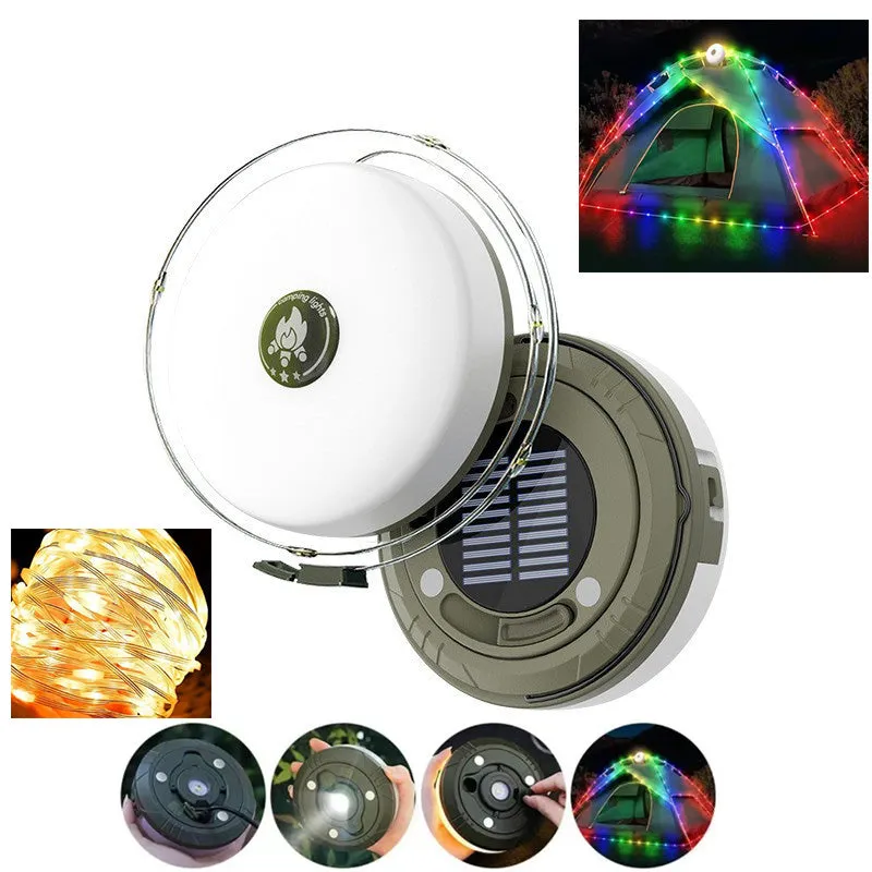 Solar Camping String Lights 2 in 1 Outdoor Waterproof Portable Stowable String Light with Warm Colorful Light USB Camping Lights