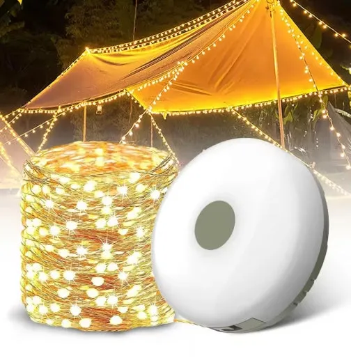 Solar Camping String Lights 2 in 1 Outdoor Waterproof Portable Stowable String Light with Warm Colorful Light USB Camping Lights