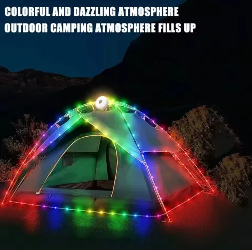 Solar Camping String Lights 2 in 1 Outdoor Waterproof Portable Stowable String Light with Warm Colorful Light USB Camping Lights