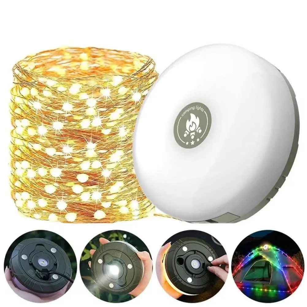 Solar Camping String Lights 2 in 1 Outdoor Waterproof Portable Stowable String Light with Warm Colorful Light USB Camping Lights