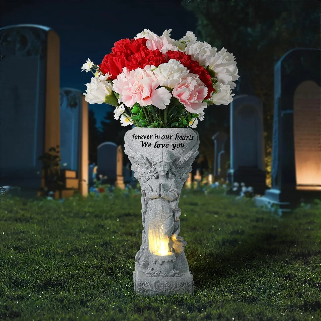 Solar Cemetery Vase for Grave, Grave Flowers Holder for Headstone Tomb Decoration, Praying Angel Garden Stake Sculpture with Solar Candle Light, Memorial Sympathy Gift, No Ground Spike, Grey
